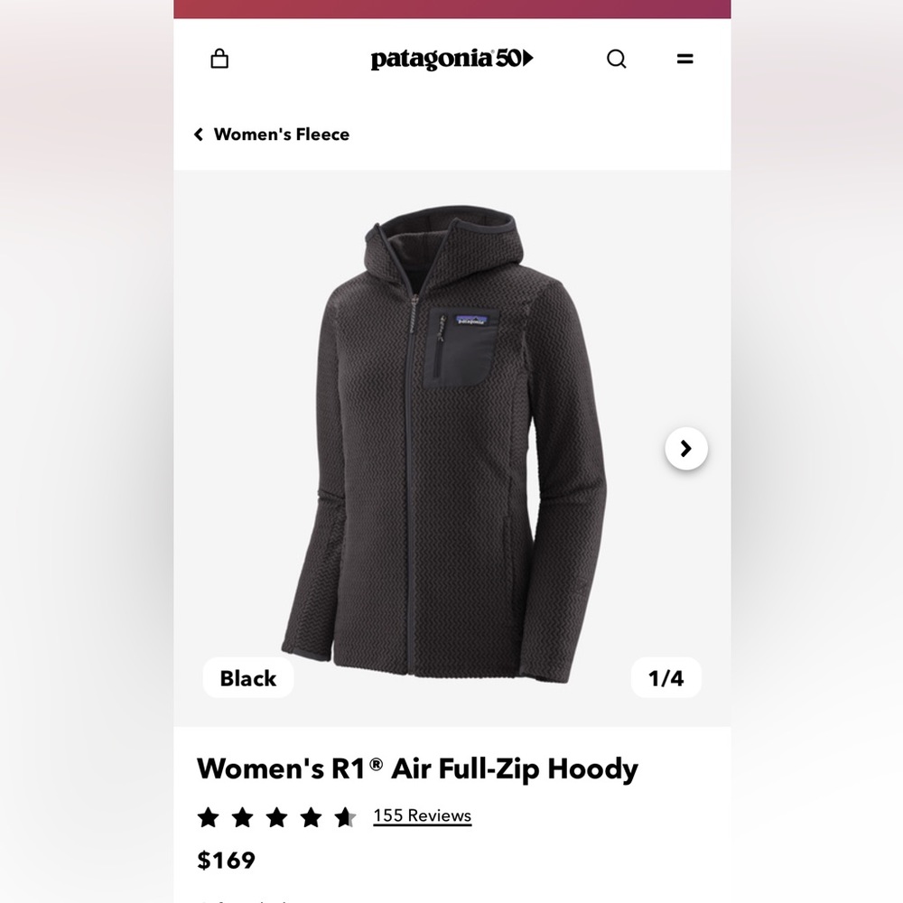 Patagonia R1 air, full zip hoodie new without tags. Dark grey, Sz M